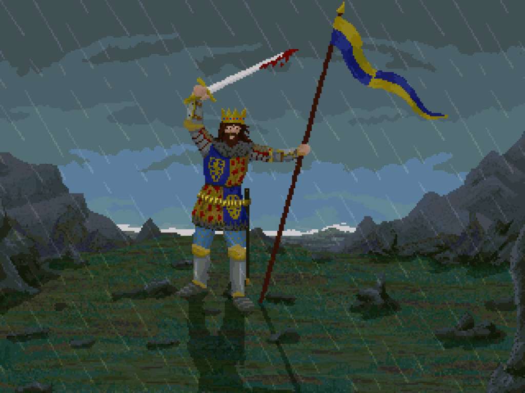 Image depicts a king planting his flag on top of unicus rock. In his left hand he raises his sword up and down in victory. The background is grey and rainy after a mighty battle